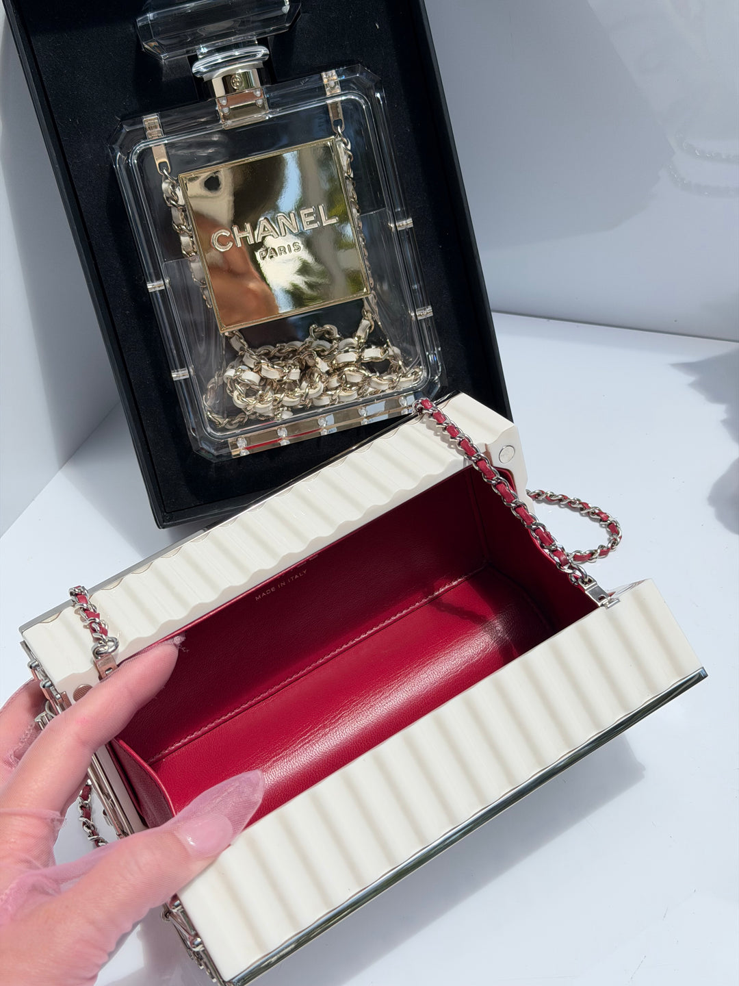 Chanel Shipping Container Bag Lucite White Silver Hardware 2018
