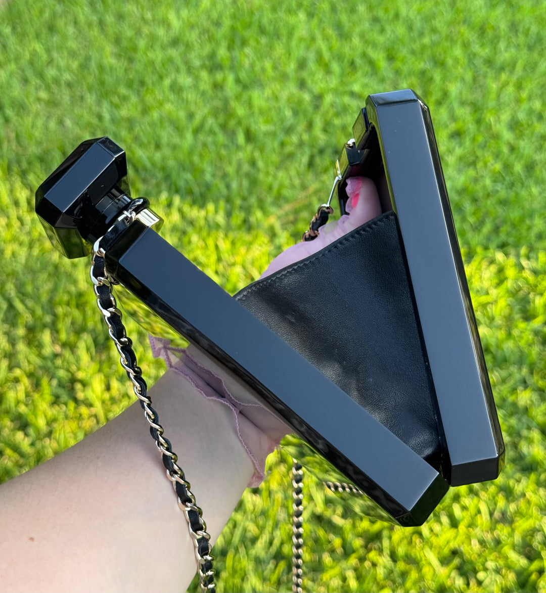Chanel Black Acrylic Plexiglass Perfume Bottle Minaudière