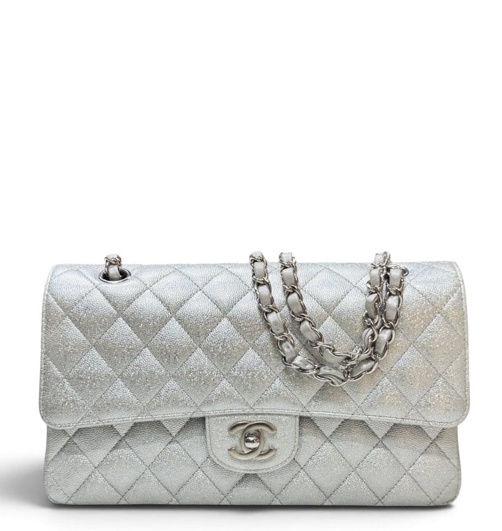 Chanel 21K Medium Flap Bag Silver Metallic Caviar Leather Silver Tone Hardware 2021