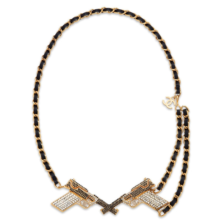 Chanel Runway Pistols Belt Necklace Black Leather Crystal Gold Hardware 2001