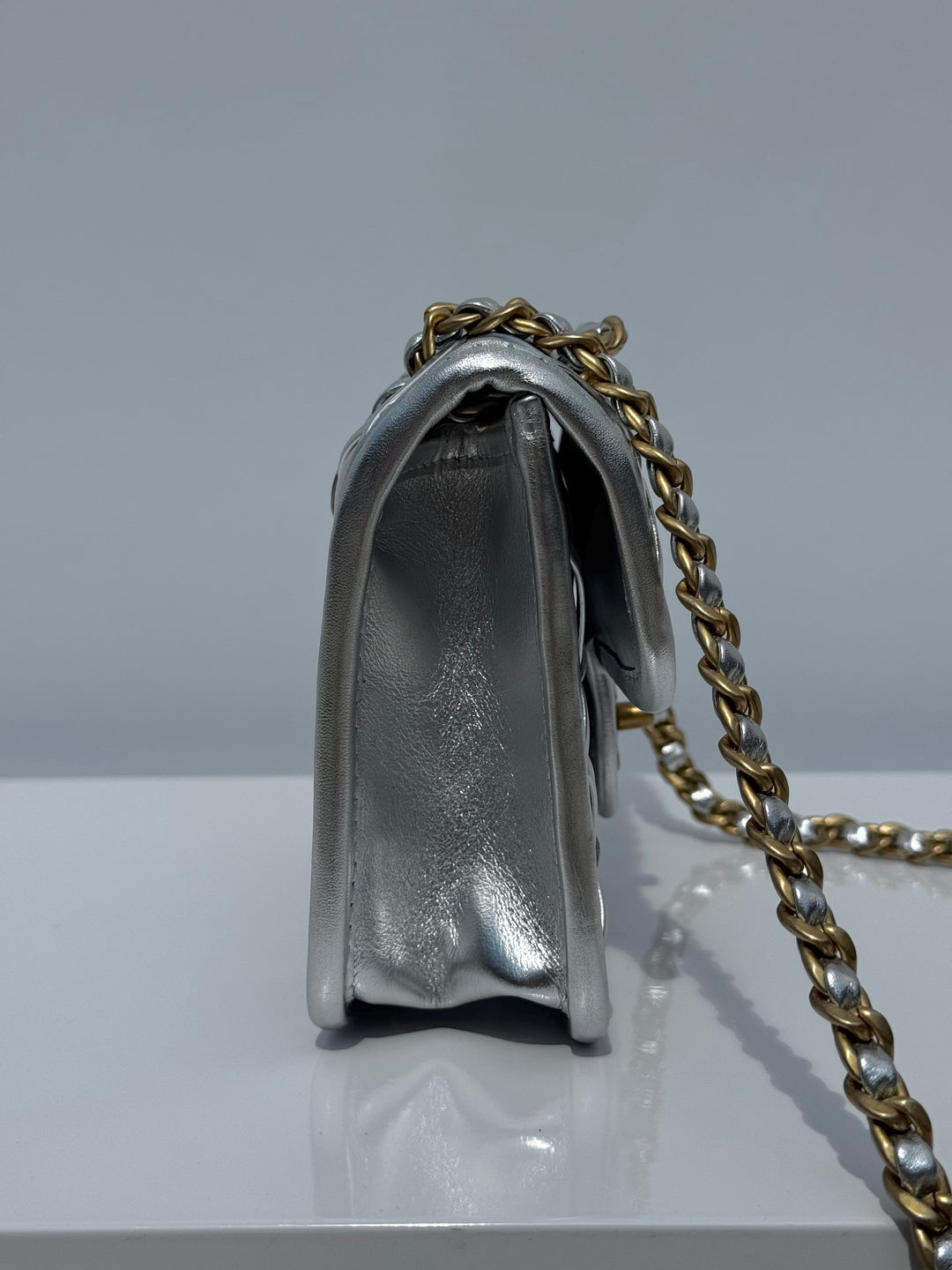 Chanel Silver Metallic Mini Braided Calfskin Flap Bag