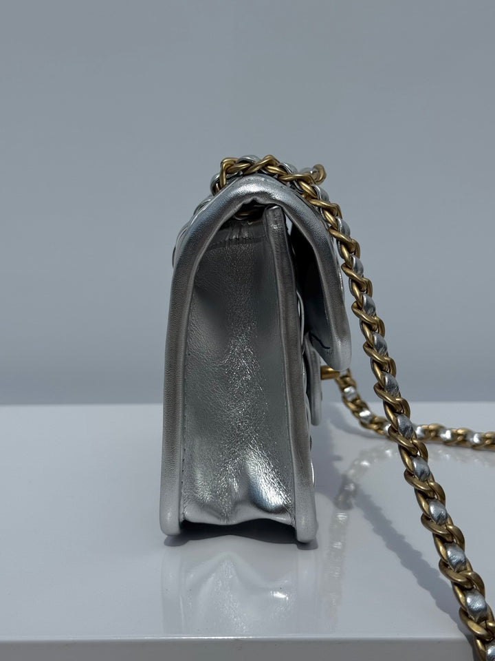 Chanel Silver Metallic Mini Braided Calfskin Flap Bag