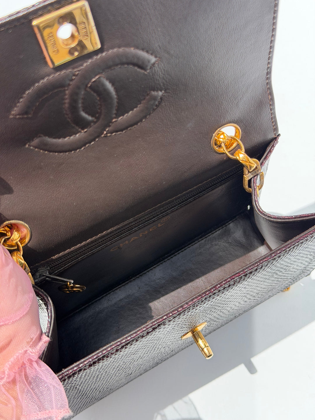 Chanel Small Trapezoid Flap Bag Burgundy Lizard Leather Gold Hardware With Bijoux Chain 1989