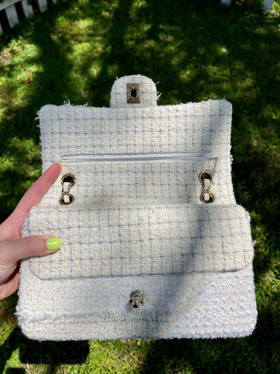 Chanel White Medium Tweed Patchwork Flap Bag