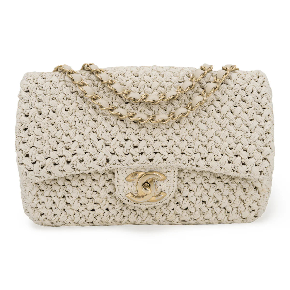 Chanel 18C Tan Ancient Greece Raffia Crochet Flap Bag