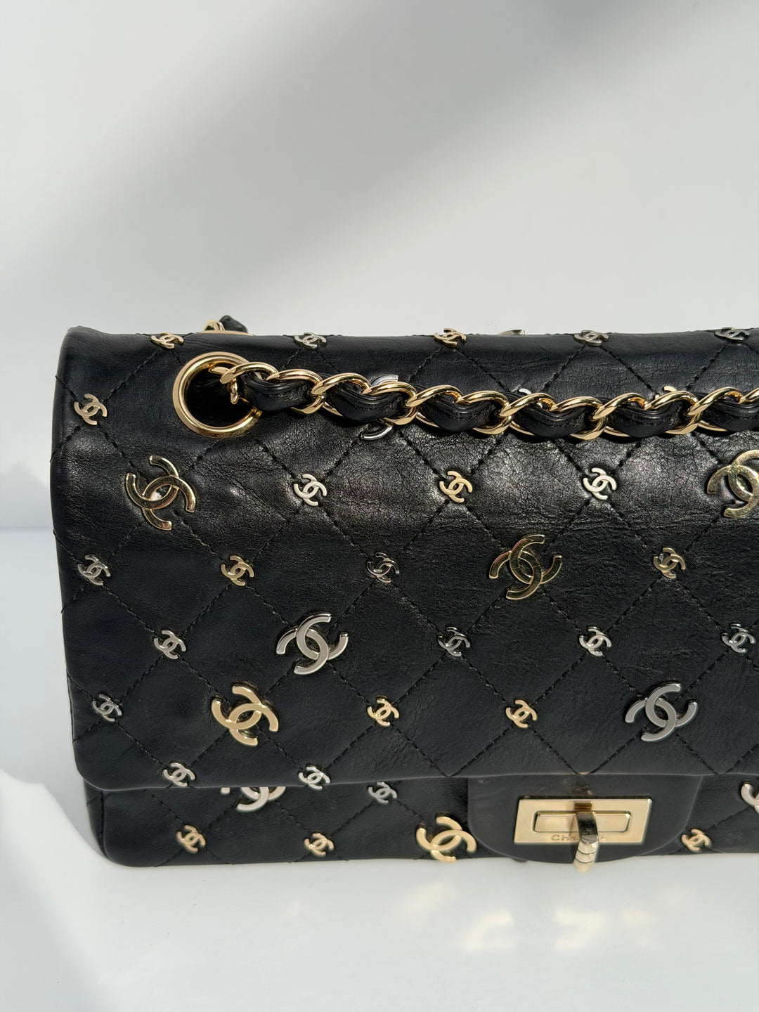 Chanel Medium Reissue 2.55 Flap Bag Black Leather Gold Hardware Punk Charms 2007
