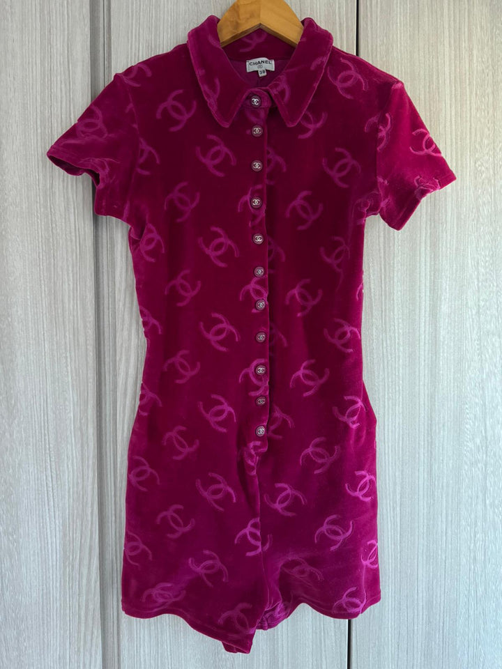Chanel 1996 ICONIC Hot Pink Velour CC Romper