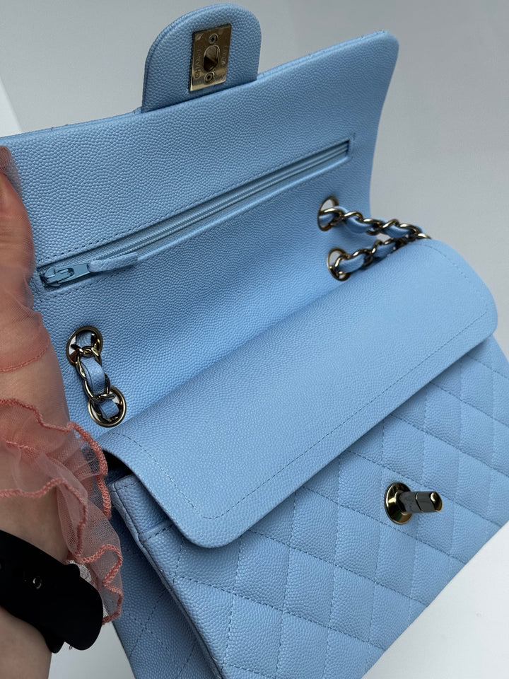 Chanel Small Classic Double Flap Caviar Light Blue Light Gold Hardware 2023