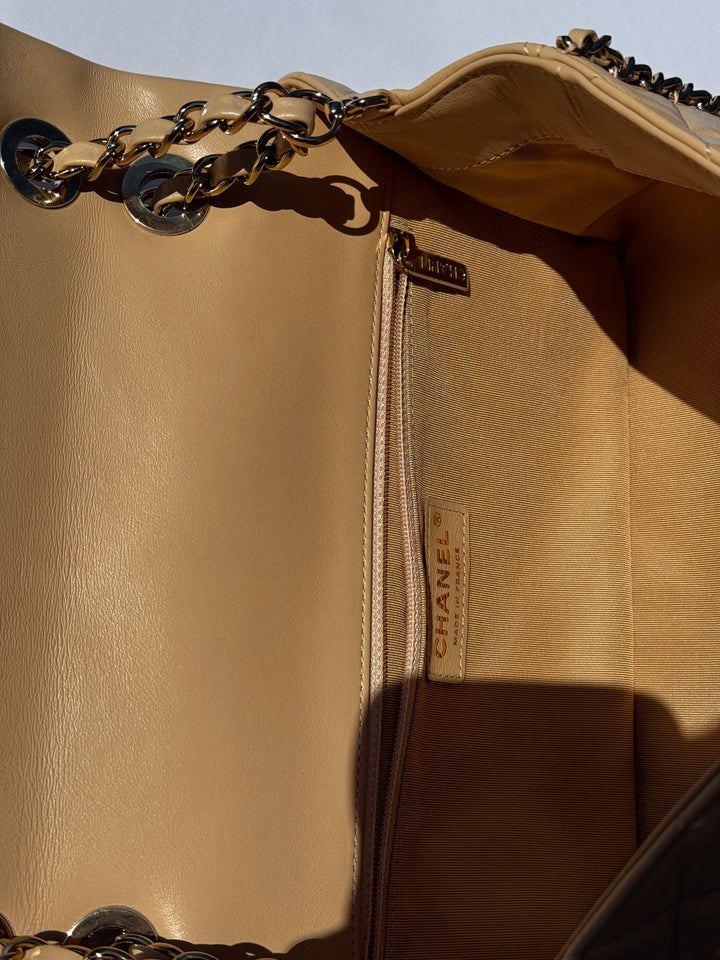 Chanel Beige Crumpled Calfskin Medium Chain All Over Flap Bag