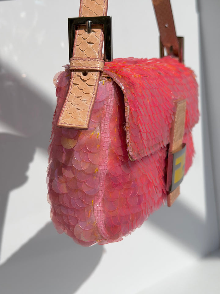 Fendi Pink Sequin Baguette Python Trim Silver Hardware 1998