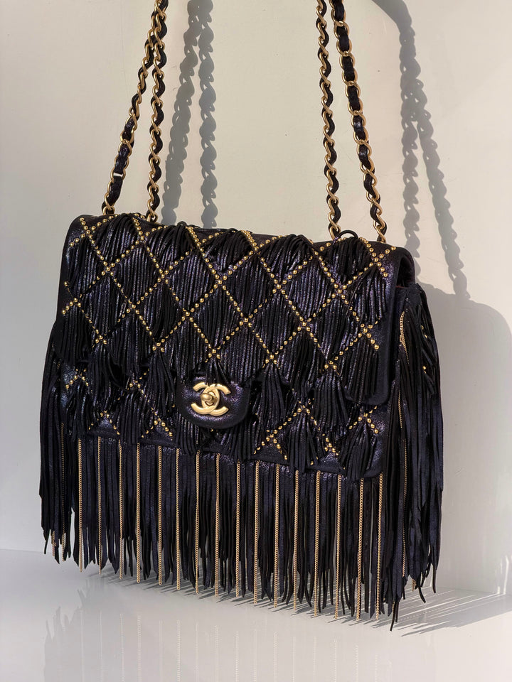 Chanel Paris-Dallas Medium Fringe Flap Bag Black Iridescent Leather Brushed Gold Tone Hardware 2014