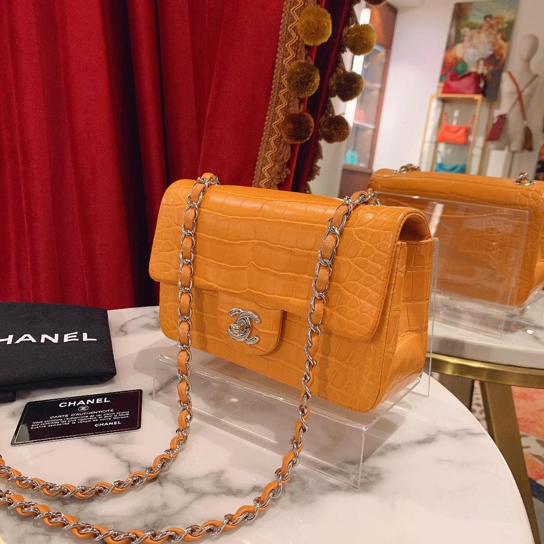 Chanel Orange Matte Croc Mini Flap Silver Hardware 2014