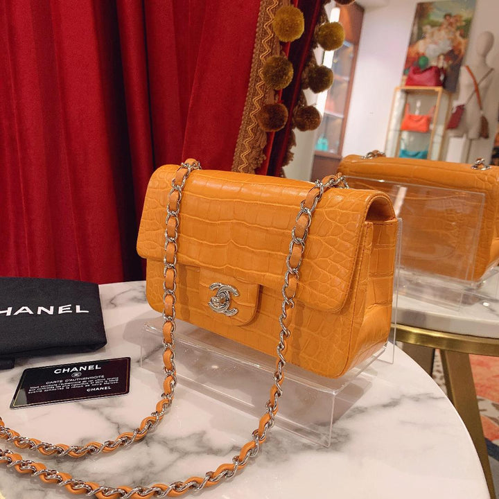 Chanel Orange Matte Croc Mini Flap Silver Hardware 2014