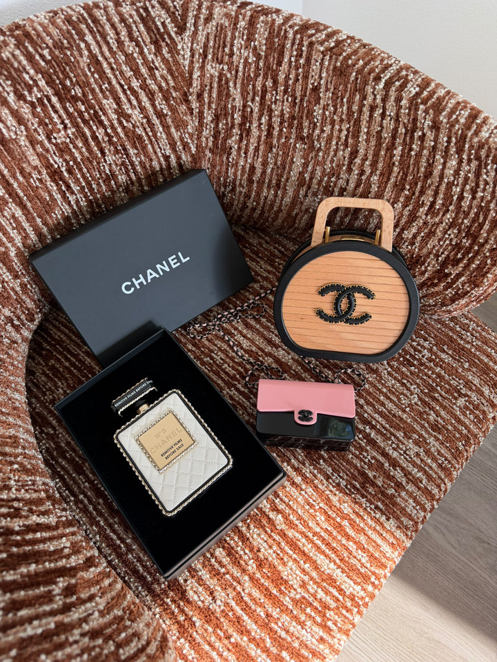Chanel Perfume Bottle Minaudière White Quilted Leather Light Gold Hardware 2022