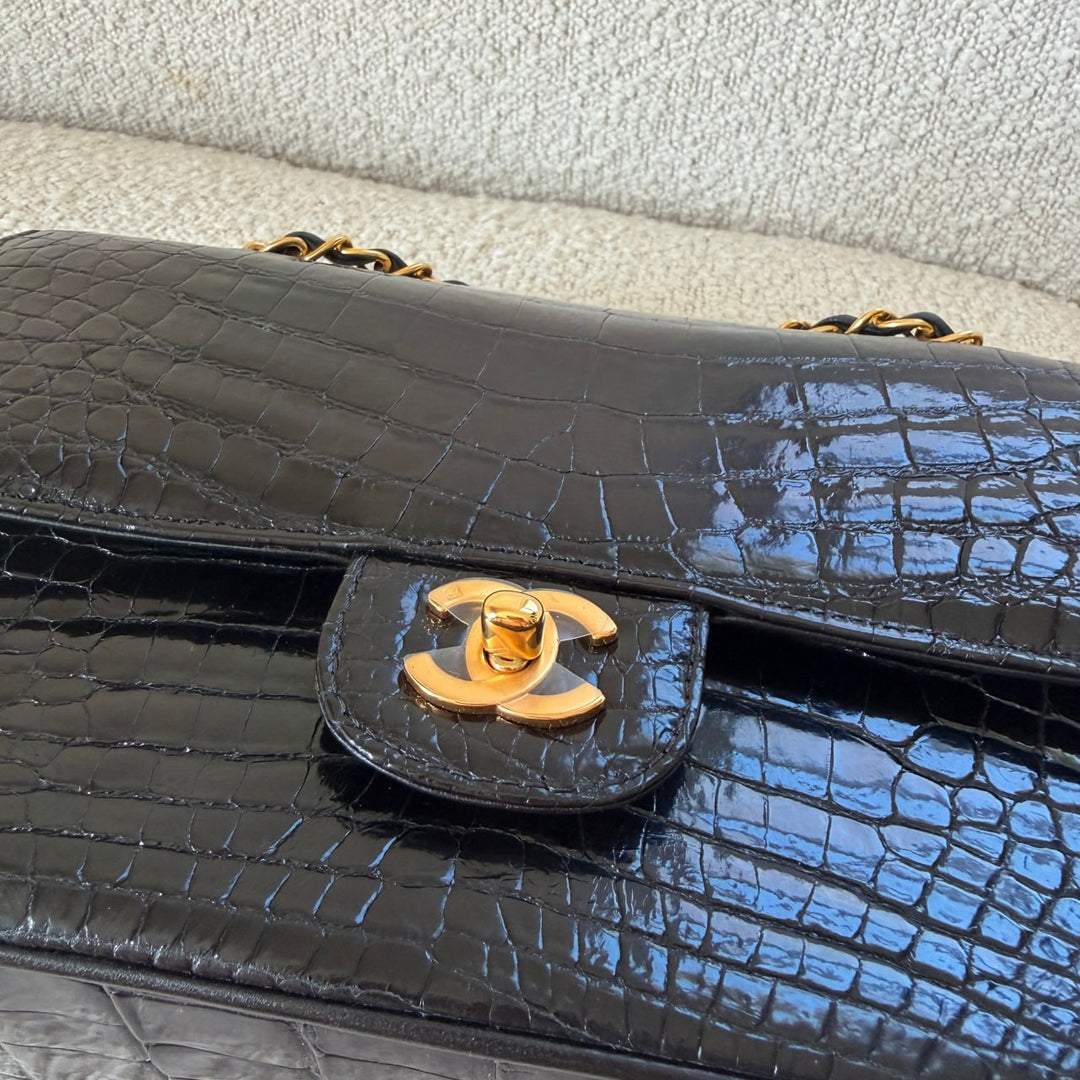 Chanel Medium Classic Flap Bag Alligator Black 24K Plated Gold Hardware 1997