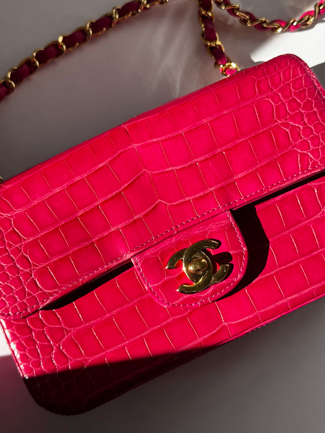 Chanel Pink Crocodile Mini Rectangular Flap Bag