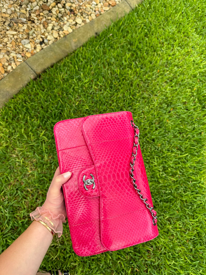 Chanel Fuschia Python Jumbo Double Flap