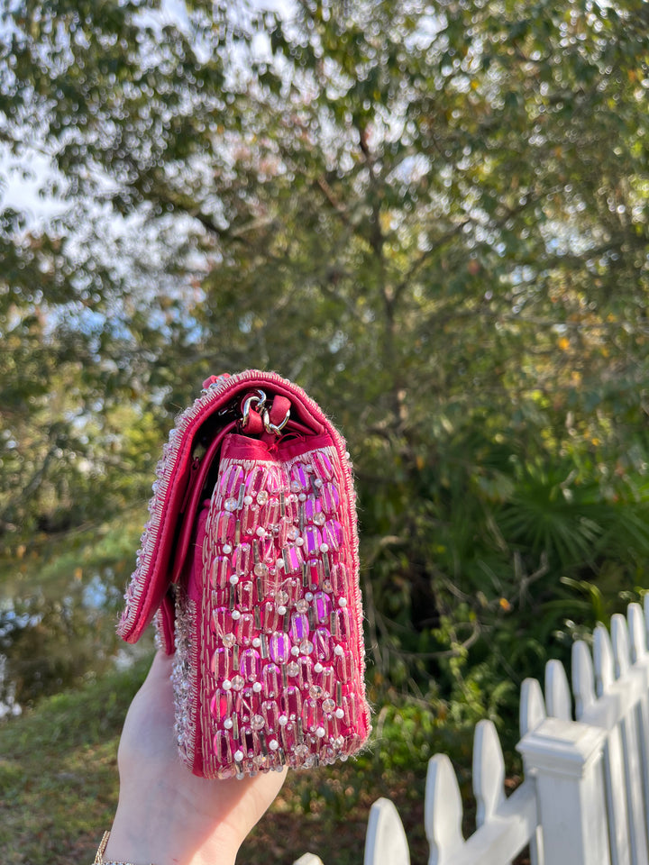 Chanel Pink Beaded Satin Medium Double Flap Bag