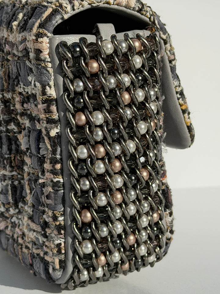 Chanel River of Pearls Mini Flap Quilted Tweed Grey Aged Silver Hardware