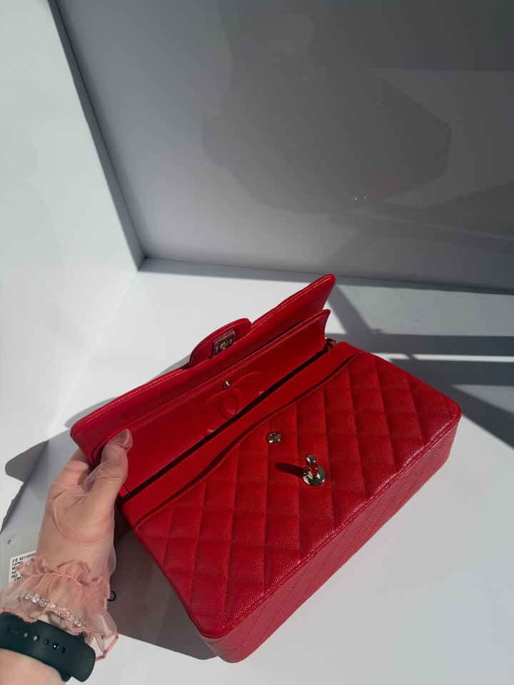Chanel Medium Classic Double Flap Caviar Red Light Gold Hardware 2021