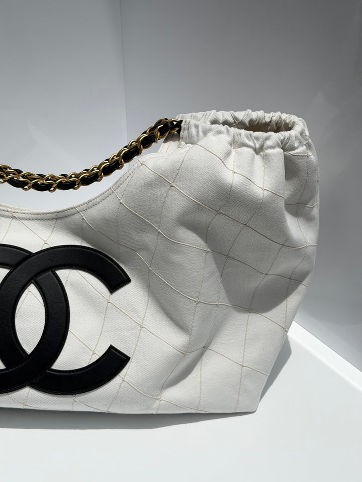 Chanel Coco Beach Maxi Shopping Bag White Denim Black Calfskin Gold Hardware 2026