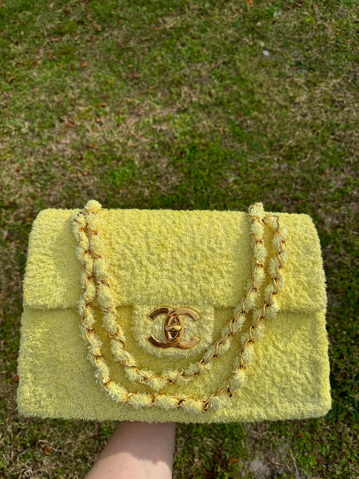 Chanel Yellow Terry Cloth Vintage Maxi Flap Bag