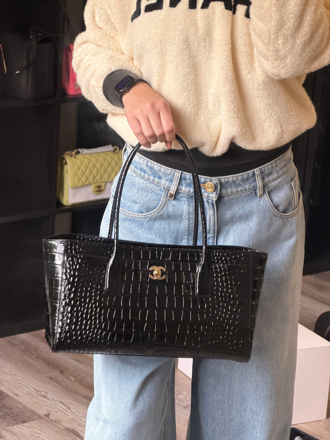 Chanel Small Shopping Bag Crocodile Embossed Calfskin Black 2026