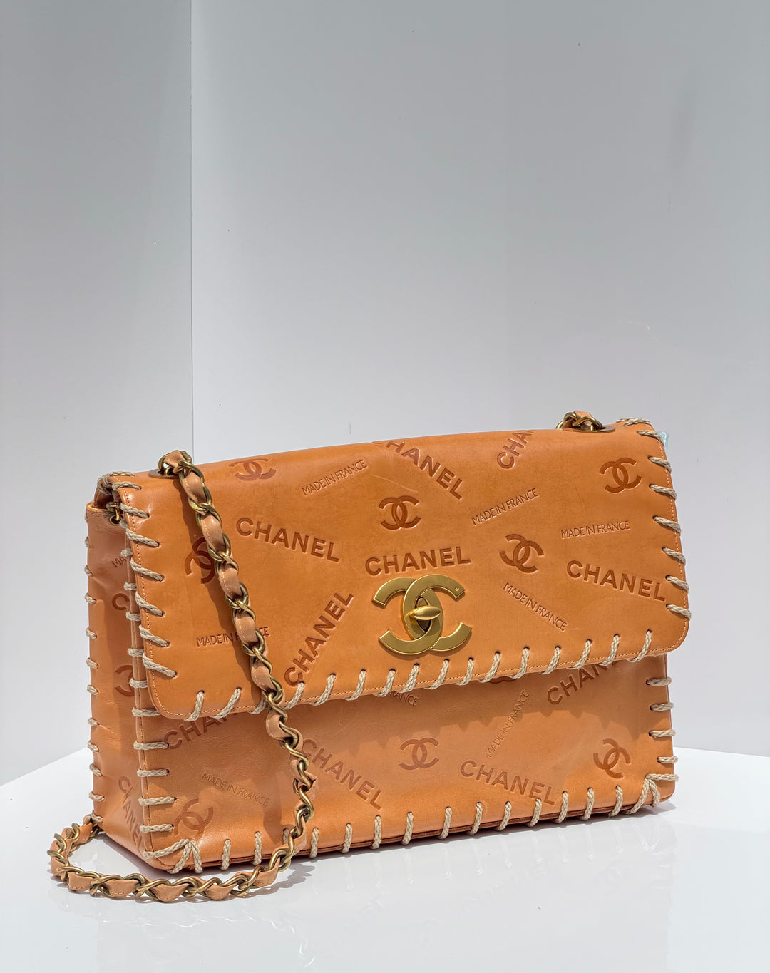 Chanel Jumbo Classic Flap Bag Tan Debossed Logo Calfskin Whipstitched Gold Hardware 1994