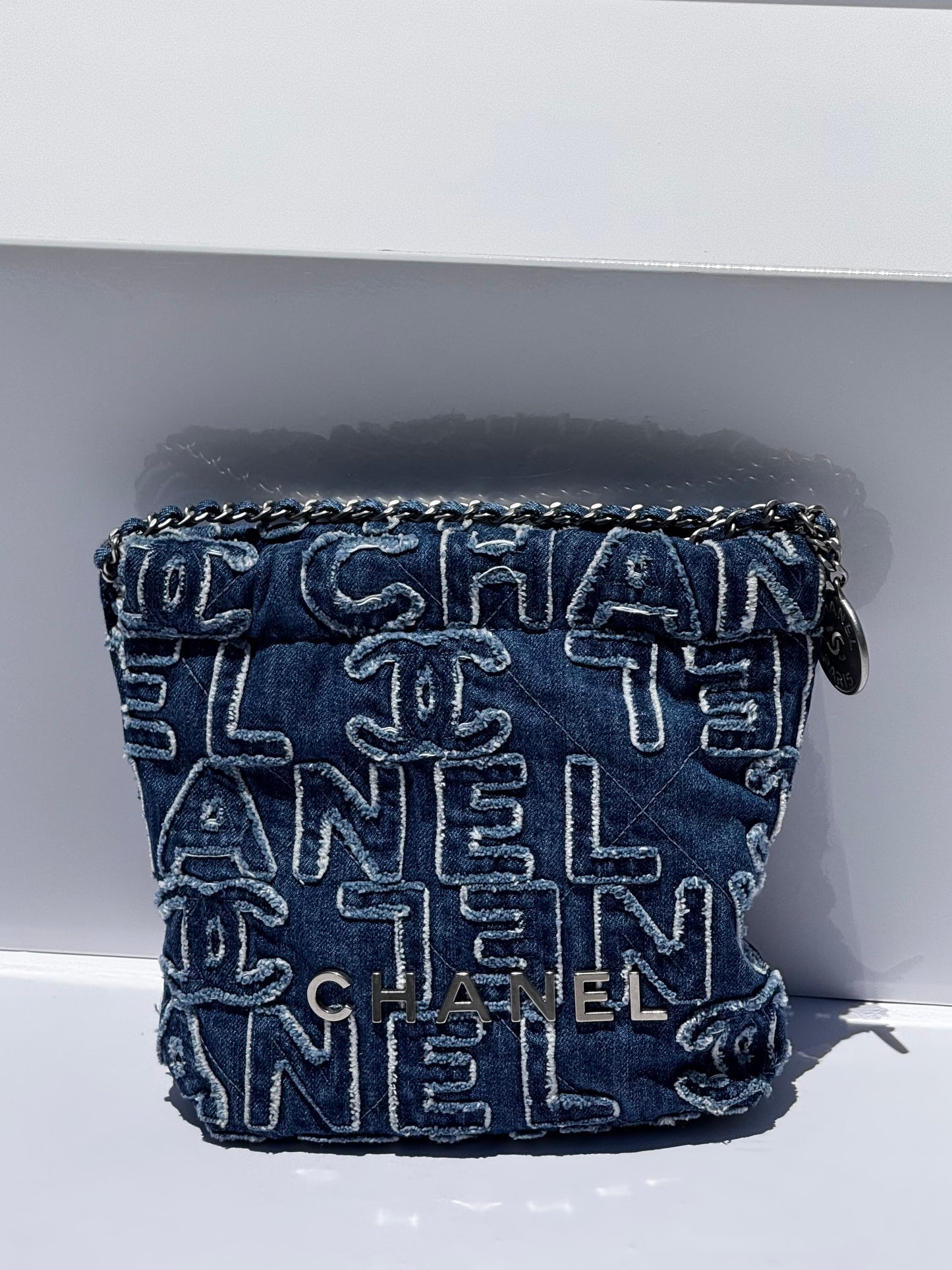 Chanel Blue Washed Denim Mini Logo Embroidered 22
