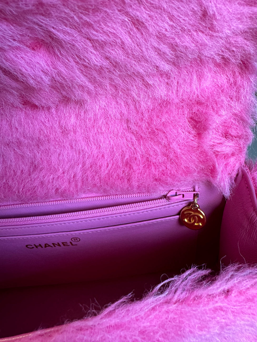 Chanel RARE 1994 Pink Faux Fur Kelly Top Handle