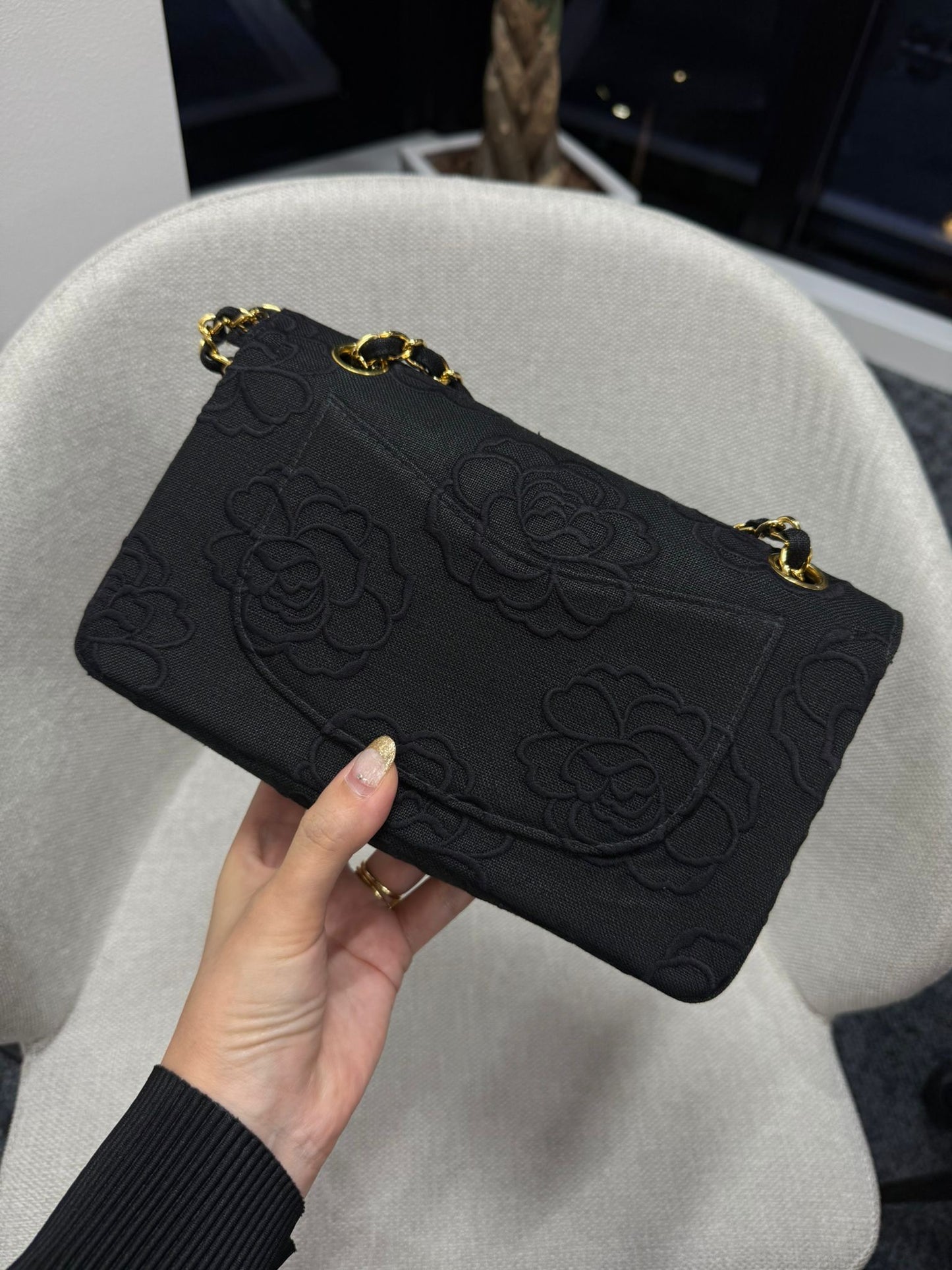 Chanel 1997 Small 24K Black Camellia Classic Flap Bag