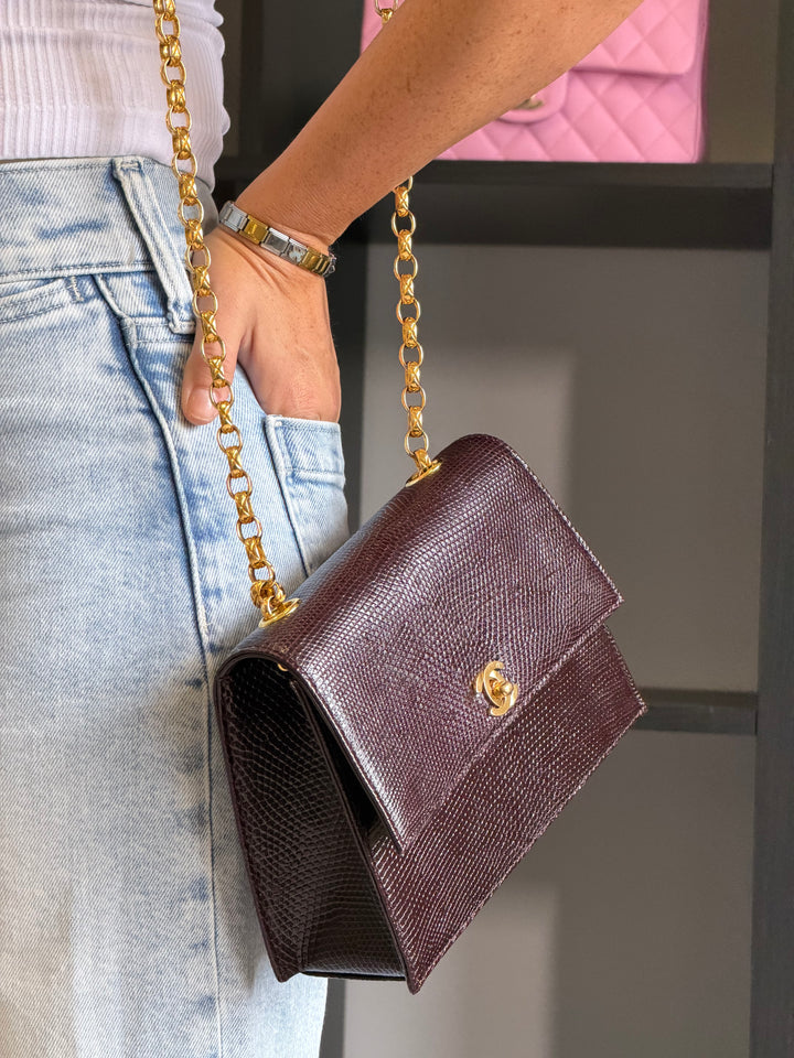 Chanel Small Trapezoid Flap Bag Burgundy Lizard Leather Gold Hardware With Bijoux Chain 1989