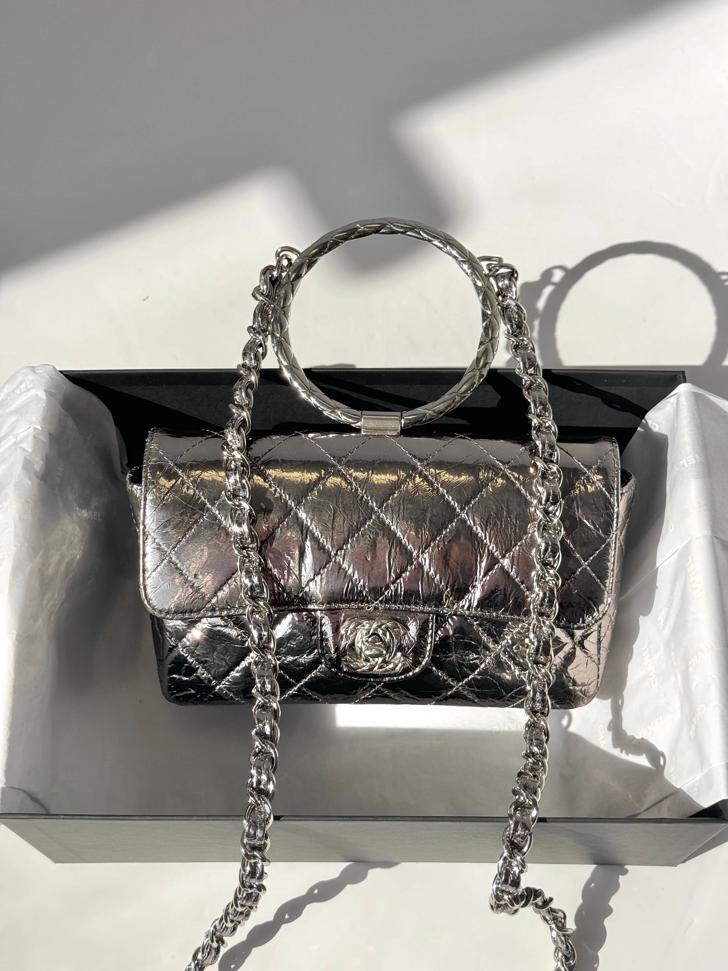 Chanel Metallic Calfskin Mini Ring Handle Flap Bag