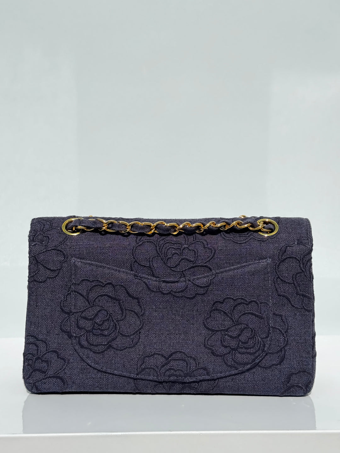Chanel 1997 Medium 24K Navy Camellia Classic Flap Bag