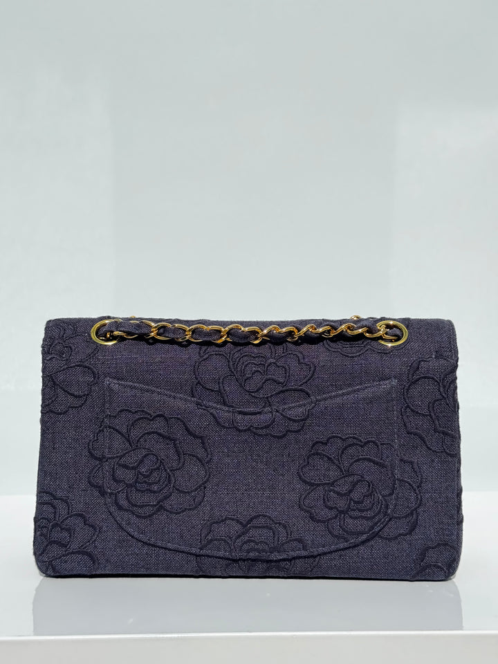 Chanel 1997 Medium 24K Navy Camellia Classic Flap Bag