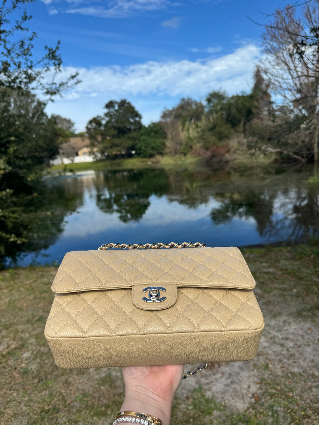 Chanel 2003 Beige Medium Caviar Classic Flap