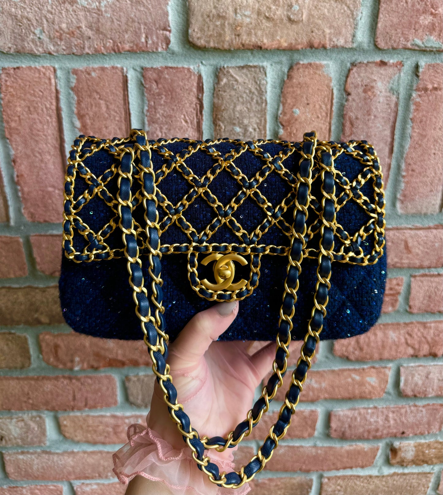 Chanel 2020 Small Woven Chain Blue Tweed Classic Flap