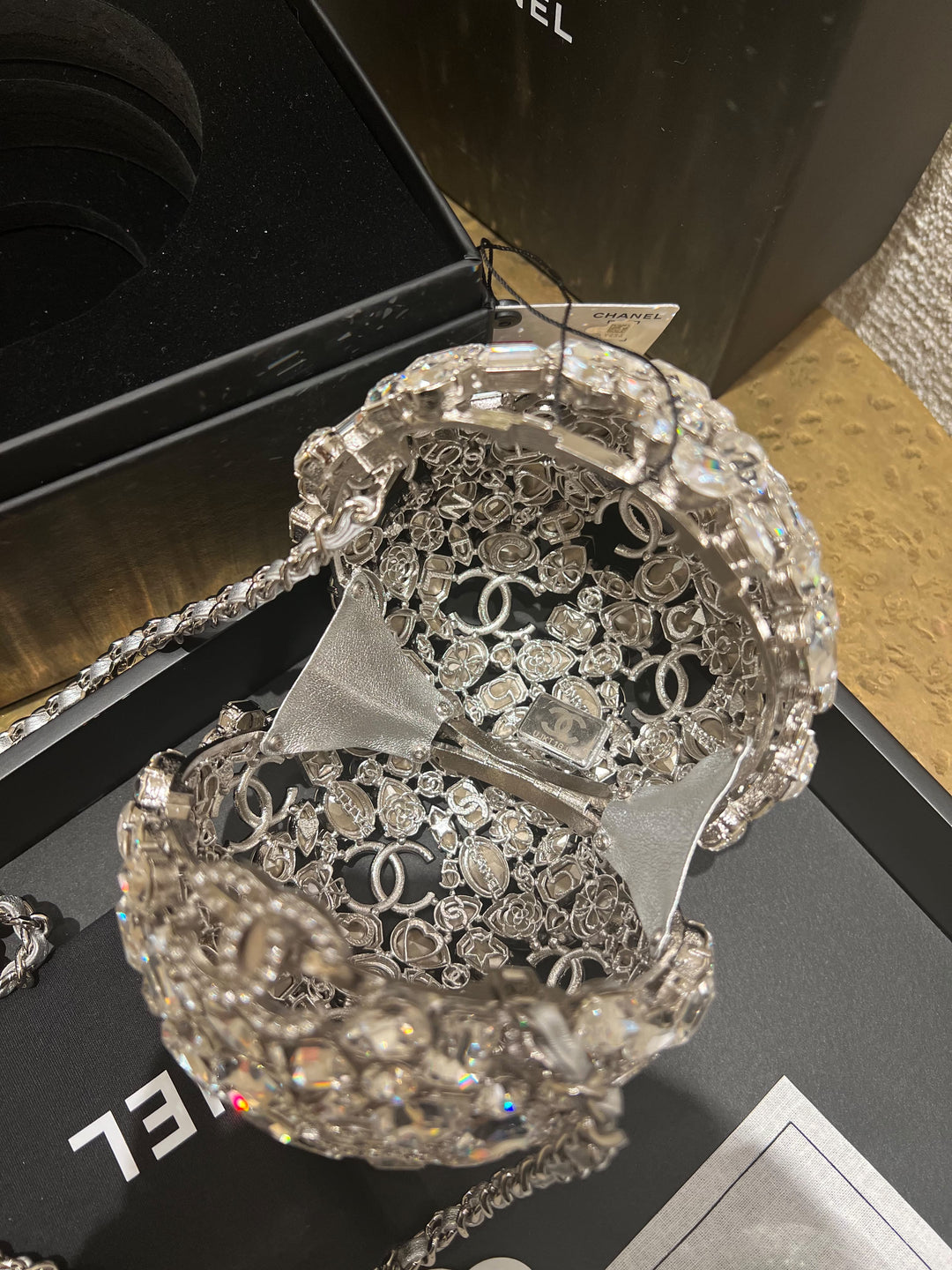 Chanel Sphere Minaudière Clutch Silver Metal & Strass Crystals Silver-Tone Hardware 2025