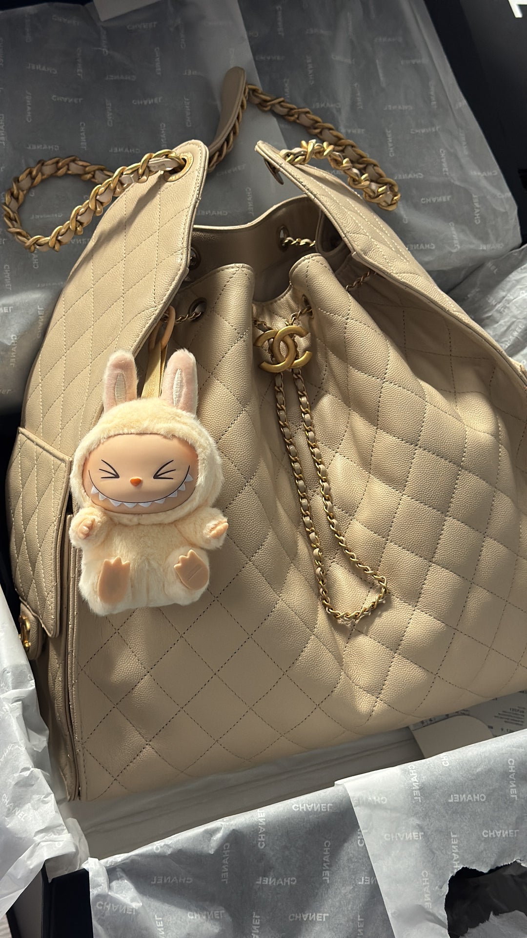 Chanel 25 Light Beige Medium Caviar Hobo Bag