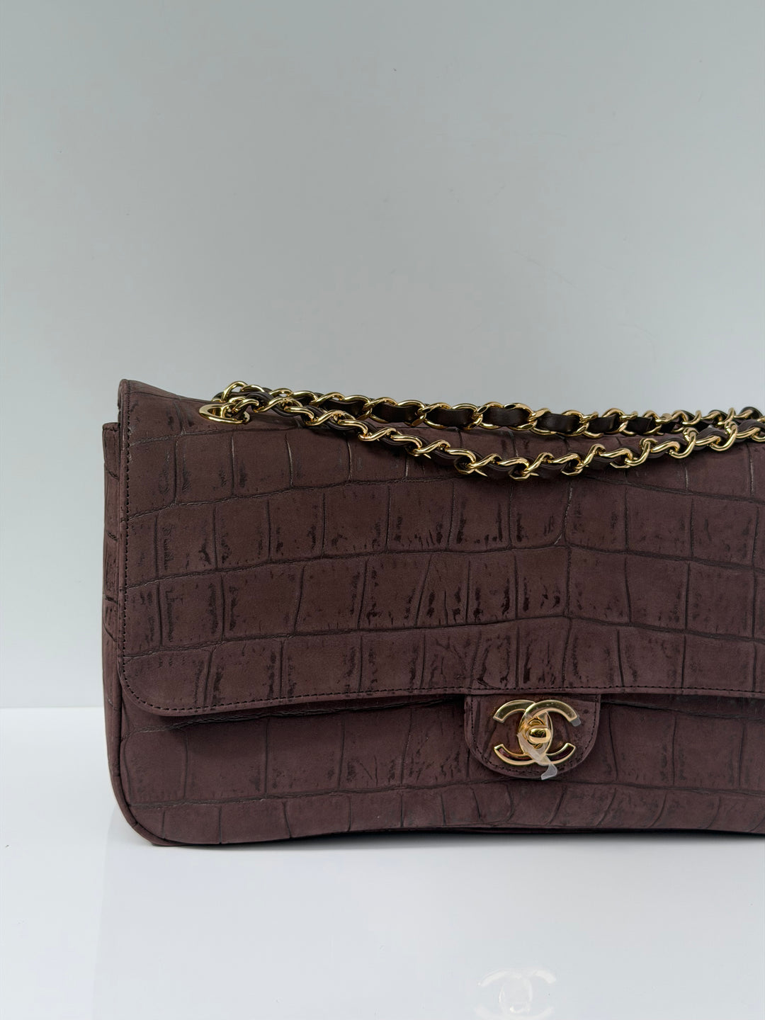 Chanel Maxi Flap Bag Brown Croc-Embossed Suede Calfskin Gold Tone Hardware 2026