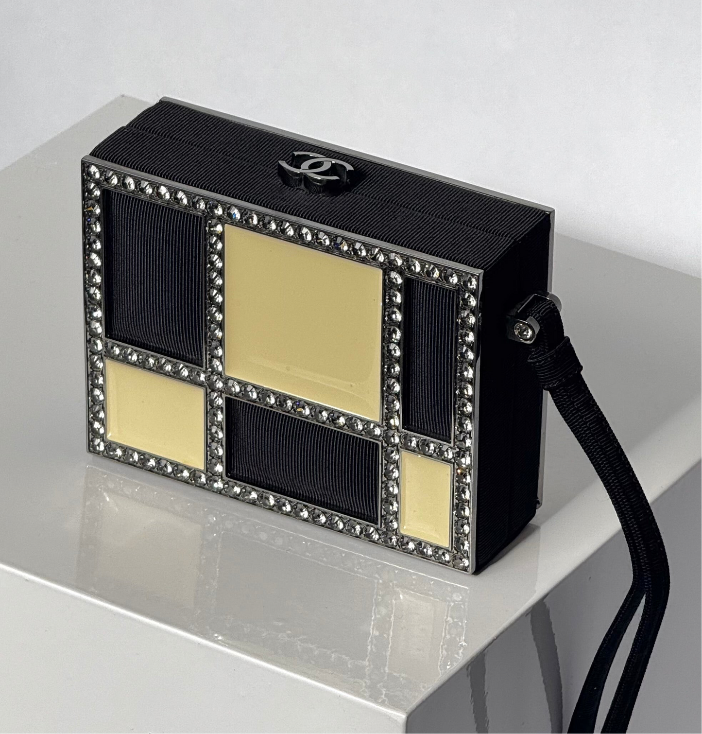 Chanel Minaudière Clutch in Plexi, Black cotton Piqué and Rhinestones