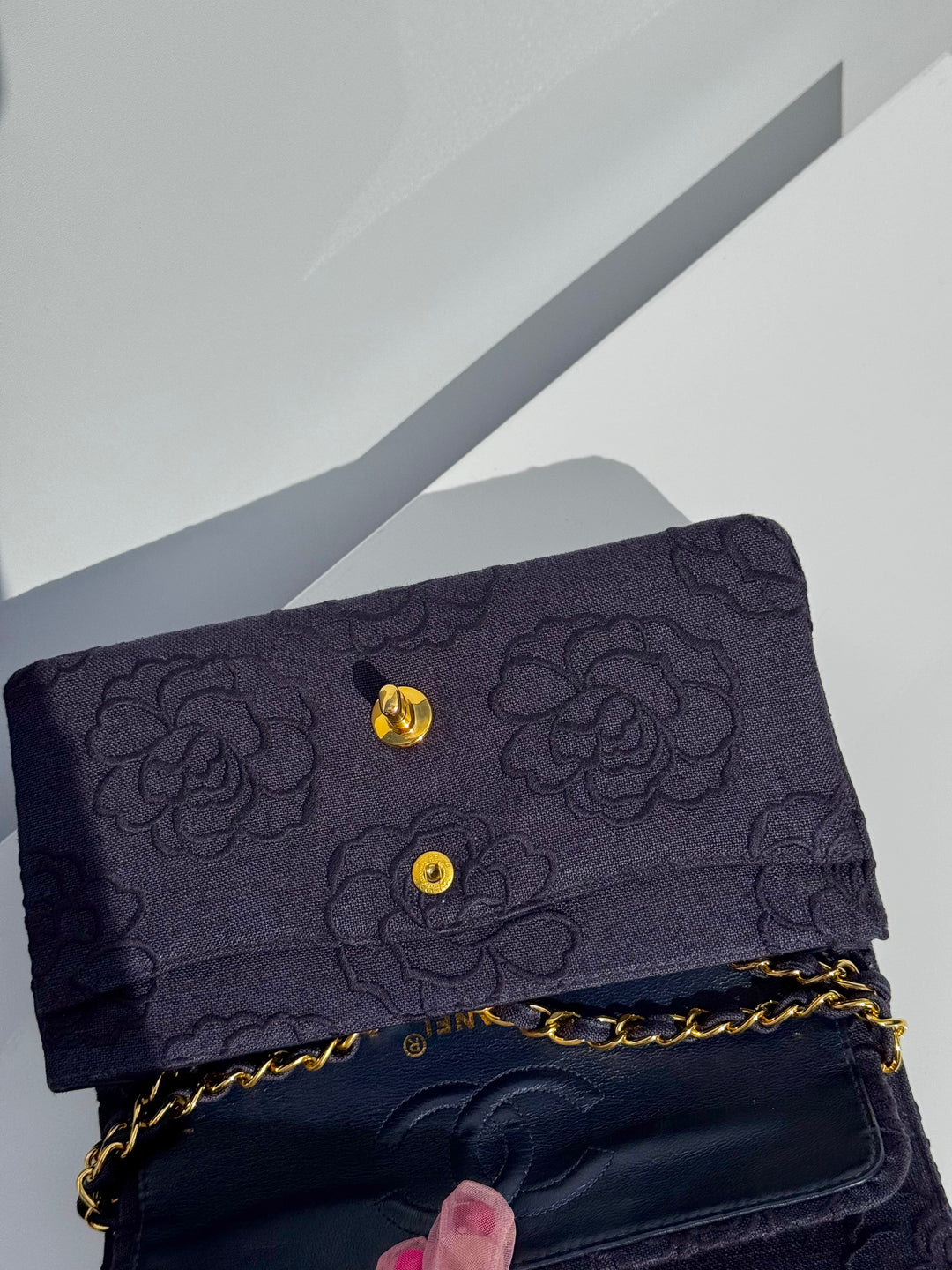 Chanel 1997 Medium 24K Navy Camellia Classic Flap Bag
