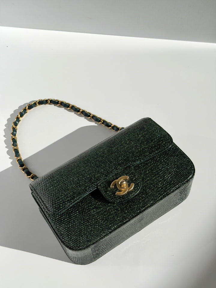 Chanel Mini Flap Green Lizard Brushed Gold Hardware 2018