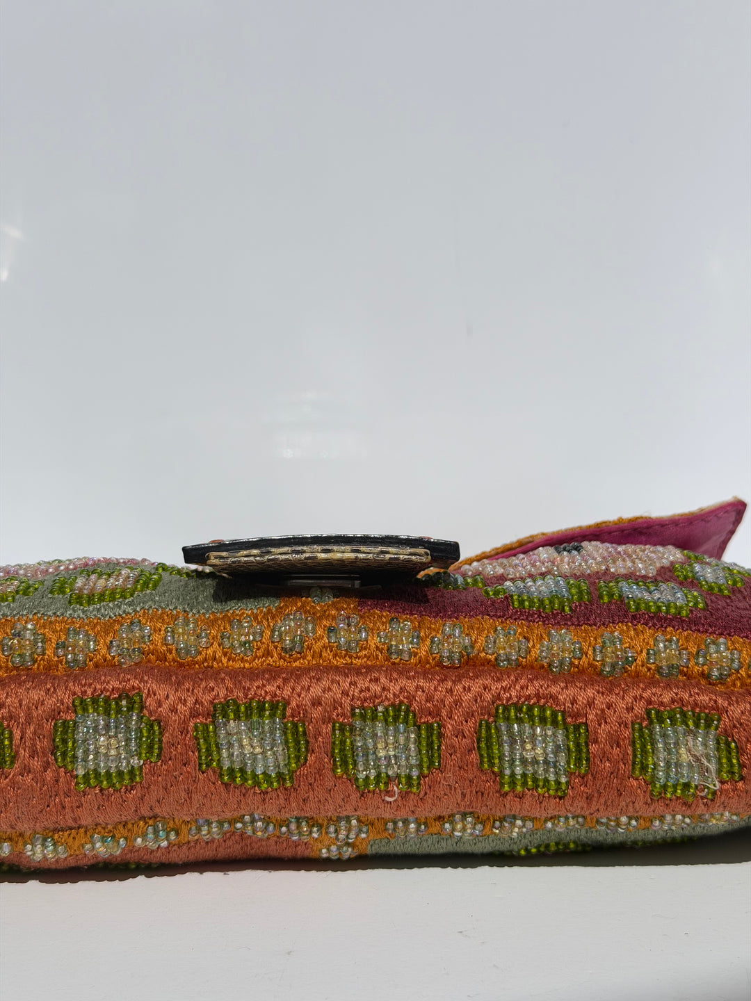Fendi Multicolor Orange Beaded Baguette Lizard Trim Silver Hardware