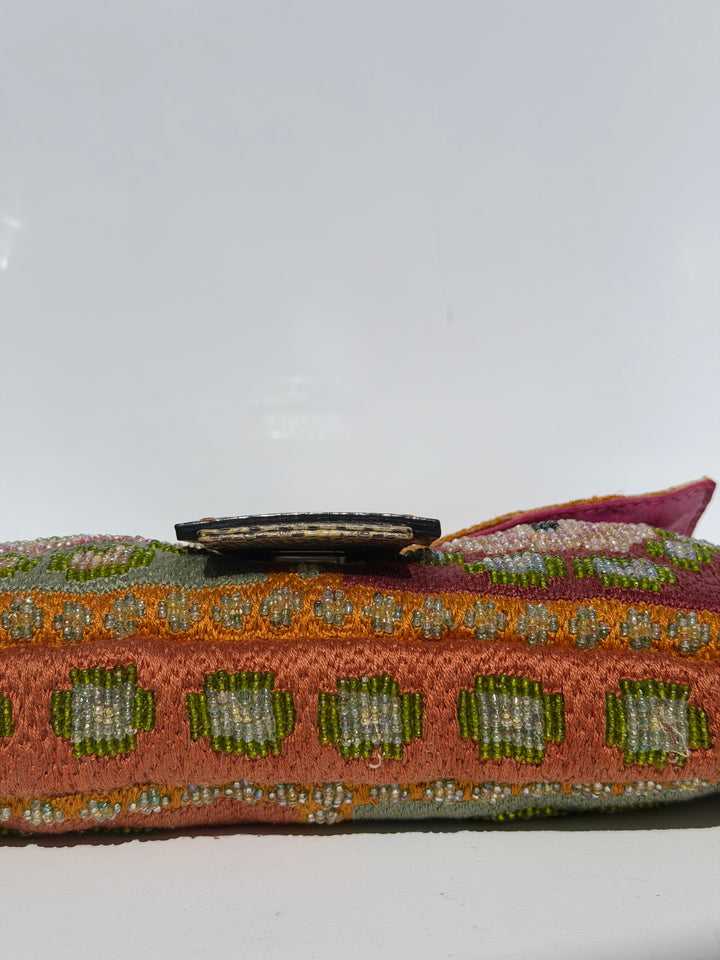 Fendi Multicolor Orange Beaded Baguette Lizard Trim Silver Hardware