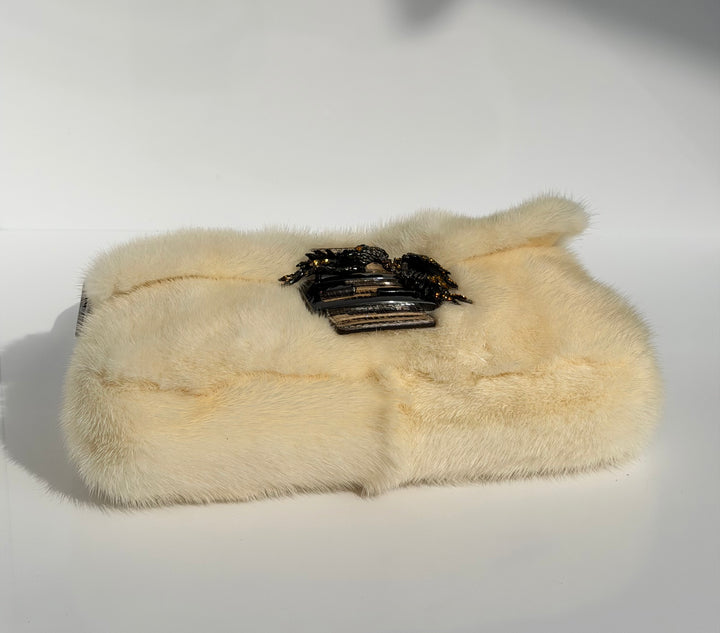 Fendi Crystal Embellished Baguette White Mink Fur Lizard Trim Gold Tone Hardware
