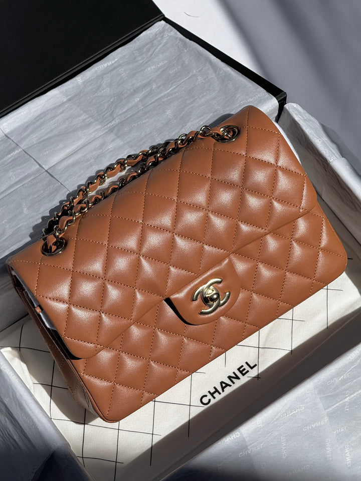 Chanel 22S Small Caramel Lambskin Classic Flap Bag + LGHW