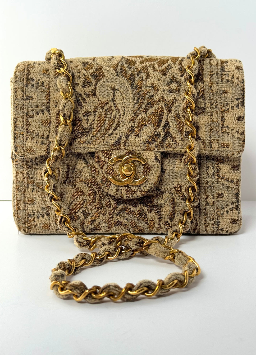Chanel 1991 Bronze Metallic Brocade Vintage Mini Square Flap Bag
