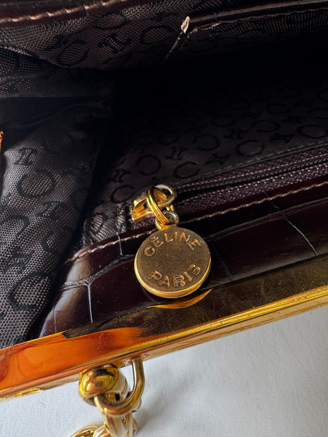 Celine Croc Embossed Brown Shoulder Clutch Bag