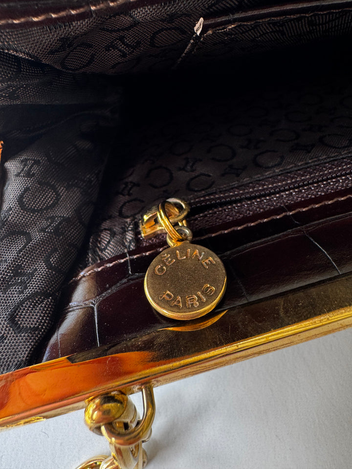 Celine Croc Embossed Brown Shoulder Clutch Bag